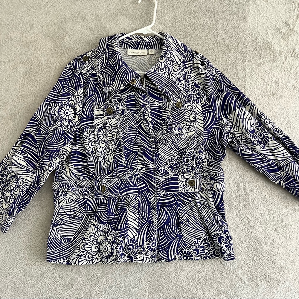 Coldwater Creek Jacket Womens 14 Full Zip Abstract Print Long Sleeve‎ Blue White